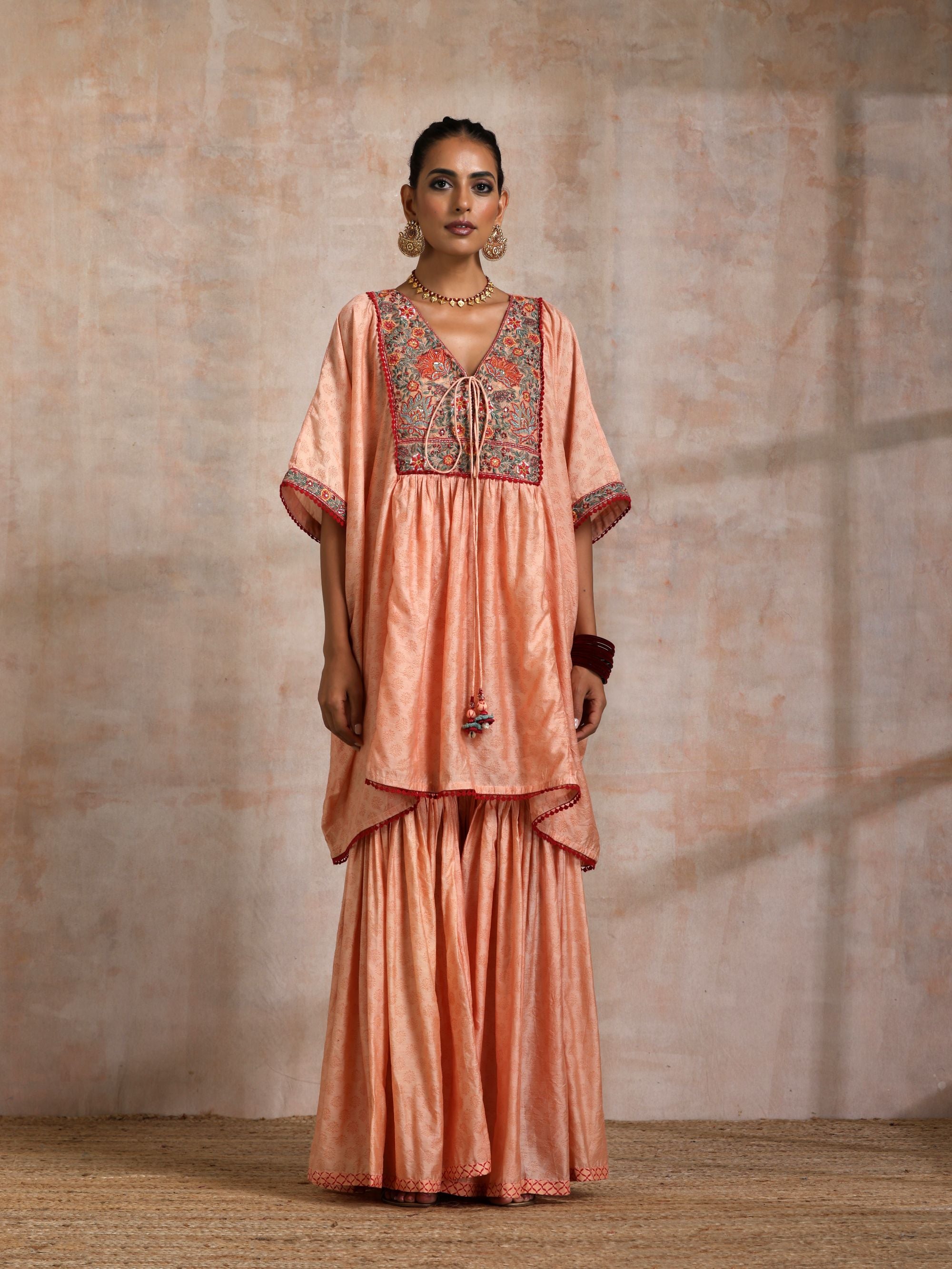 KESARI CHANDERI KAFTAN WITH EMBROIDERED YOKE