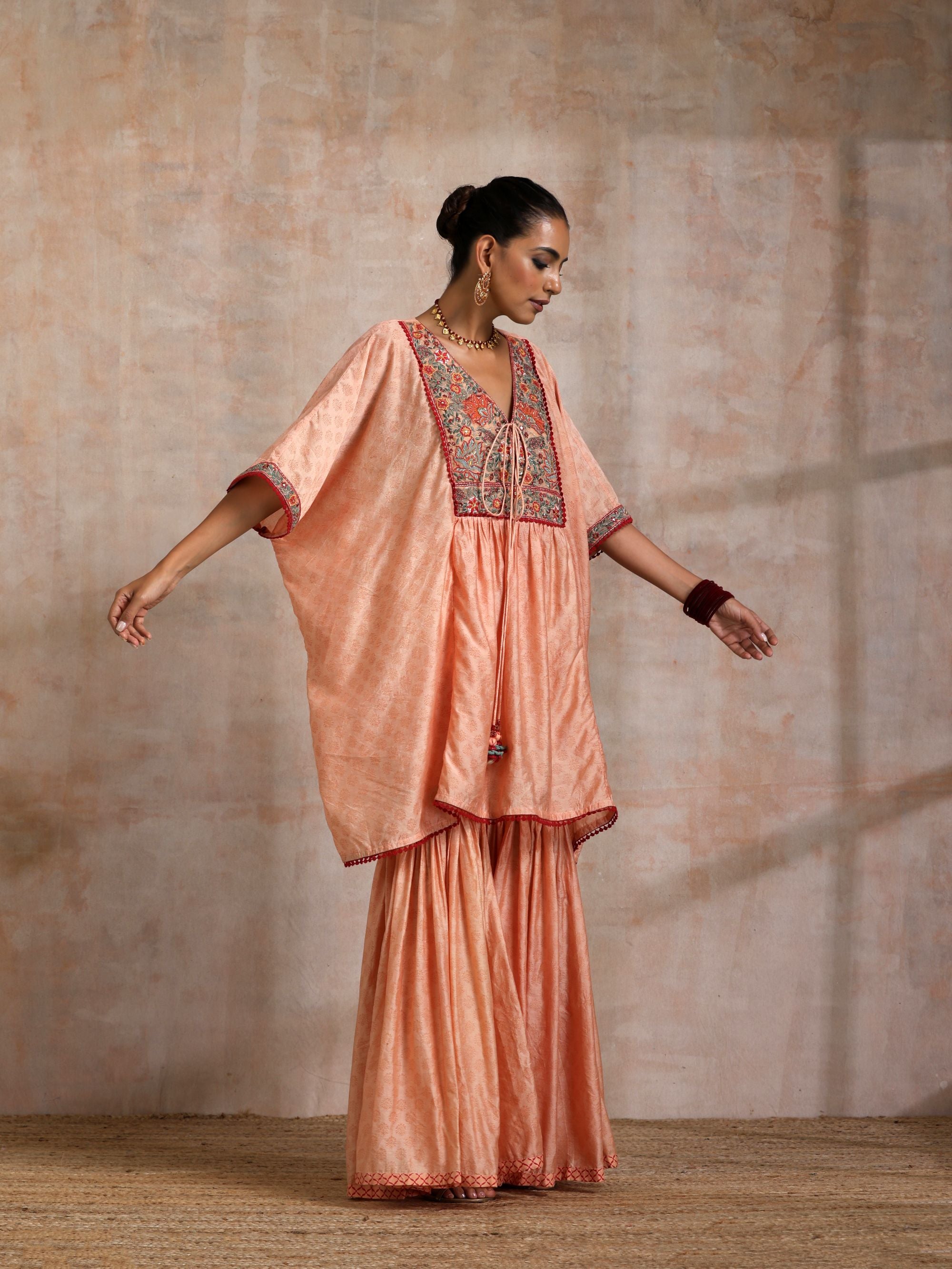 KESARI CHANDERI KAFTAN WITH EMBROIDERED YOKE