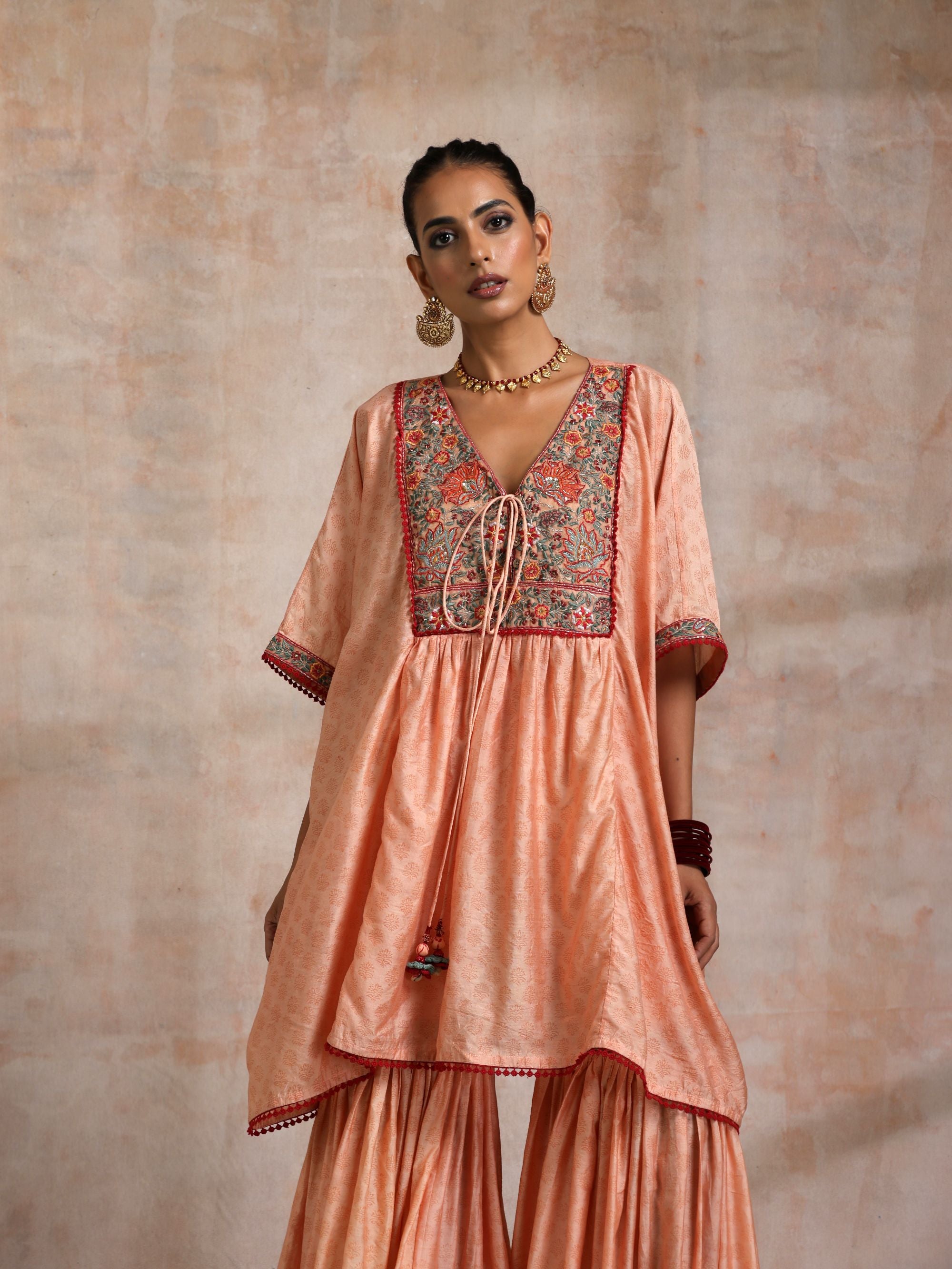 KESARI CHANDERI KAFTAN WITH EMBROIDERED YOKE