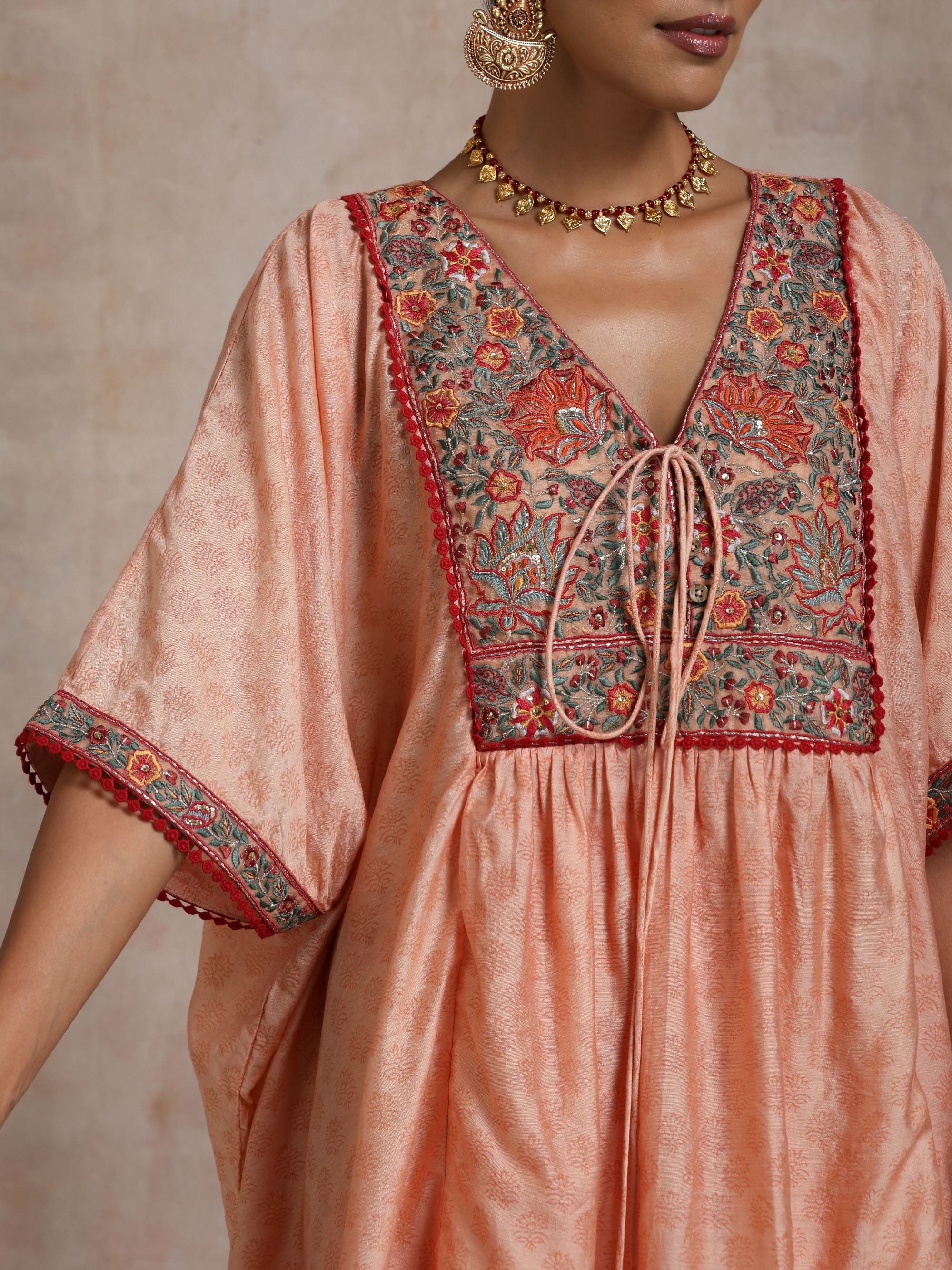 KESARI CHANDERI KAFTAN WITH EMBROIDERED YOKE