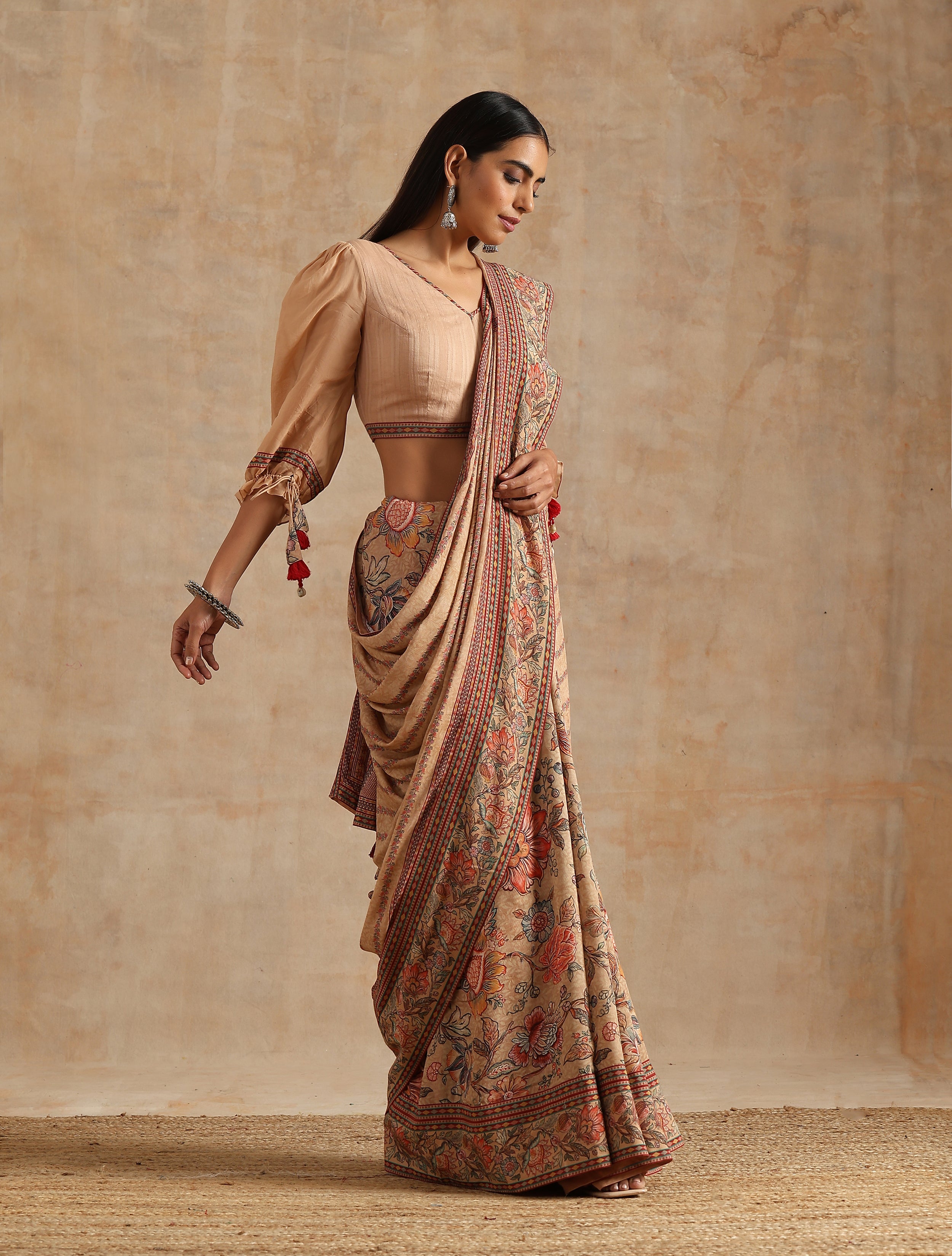 BADAMI PLACEMENT SAREE WITH QUARTER ORGANZA SLEEVES BLOUSE