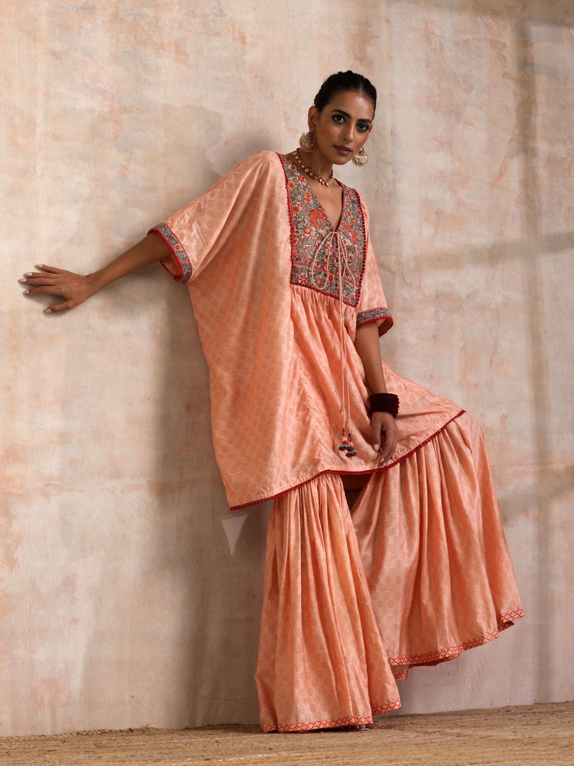 KESARI CHANDERI KAFTAN WITH EMBROIDERED YOKE