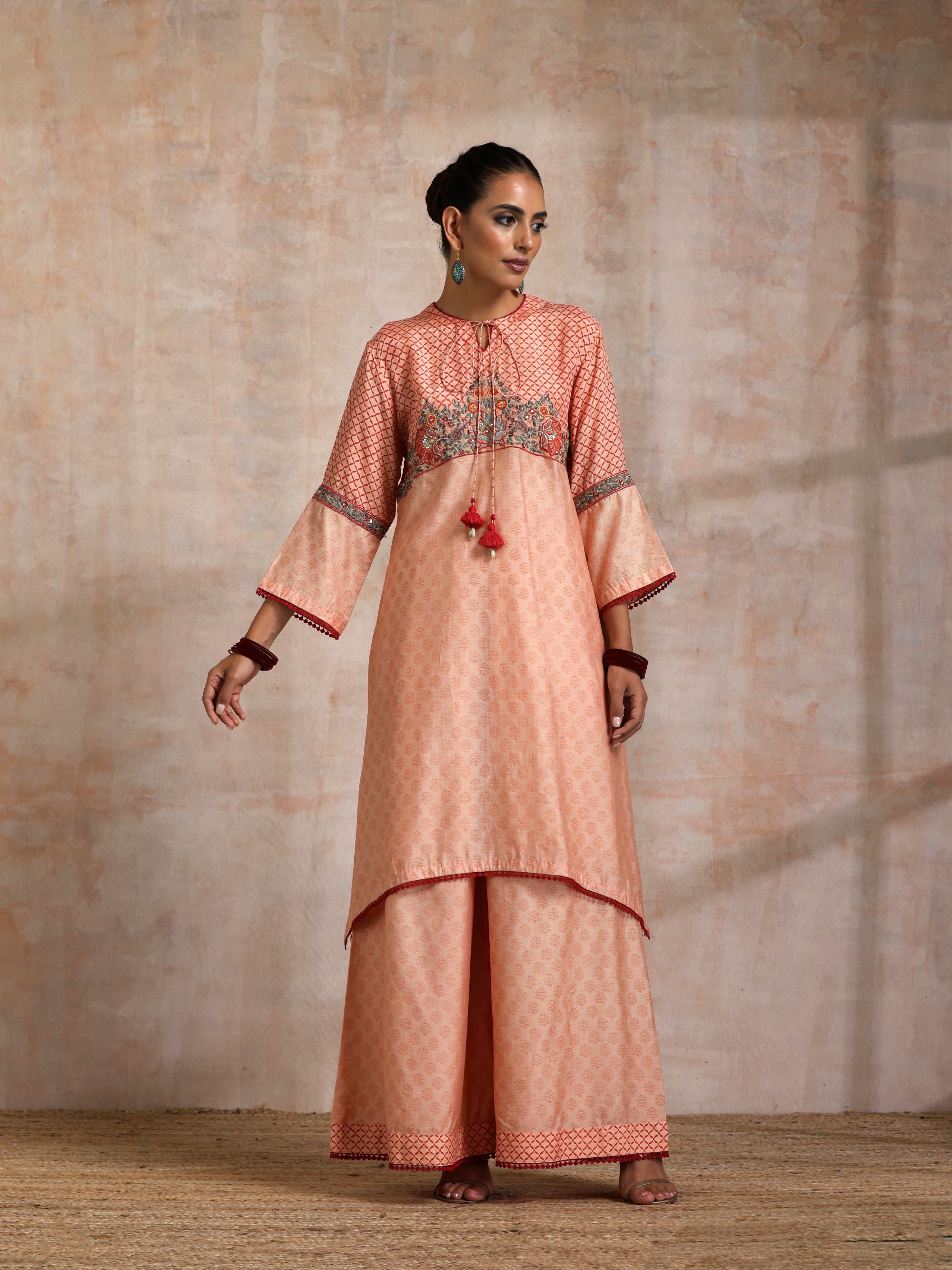 KESARI CHANDERI KURTA WITH CONTRAST BLOCK PRINT EMBROIDERED YOKE