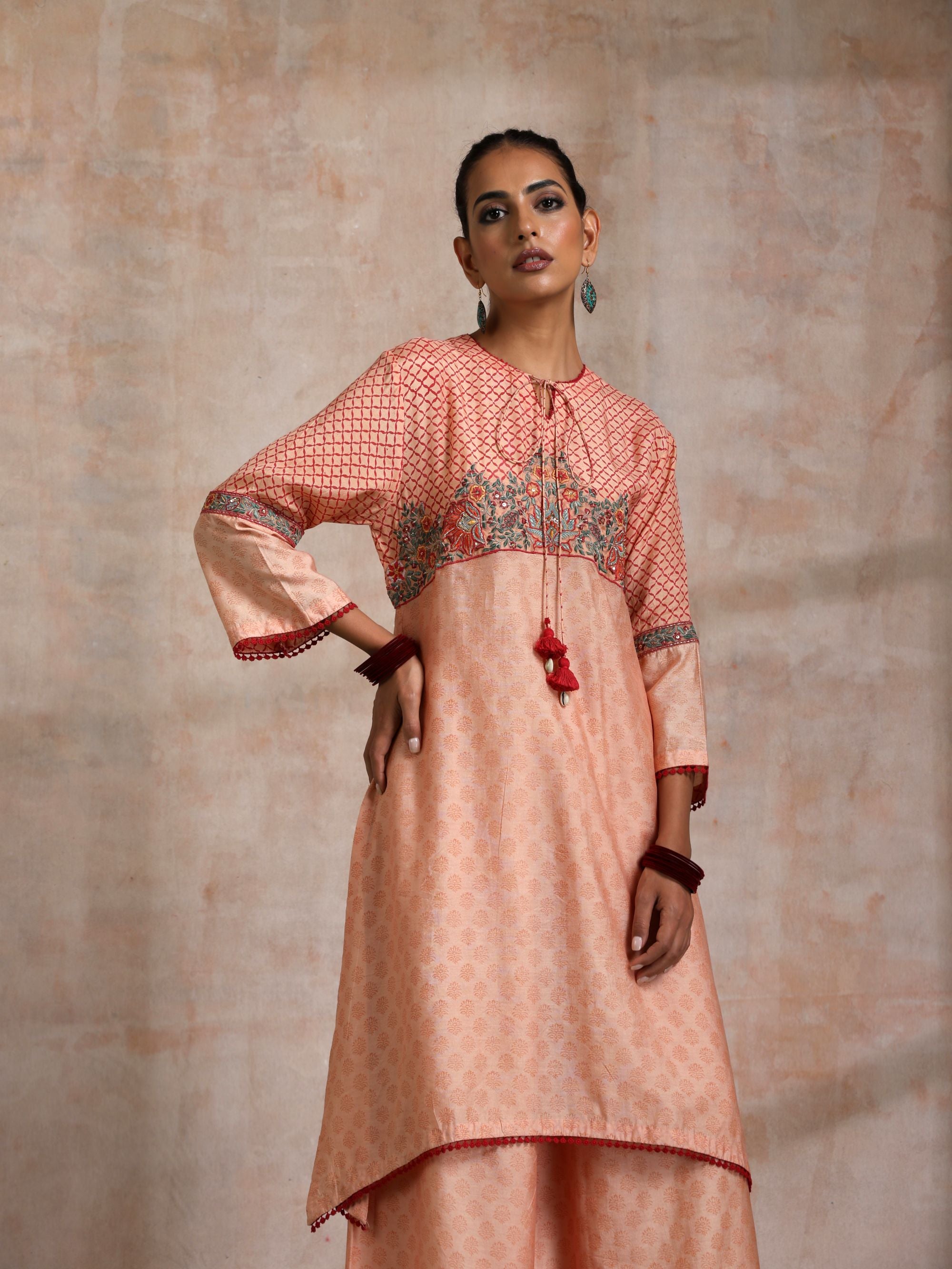 KESARI CHANDERI KURTA WITH CONTRAST BLOCK PRINT EMBROIDERED YOKE