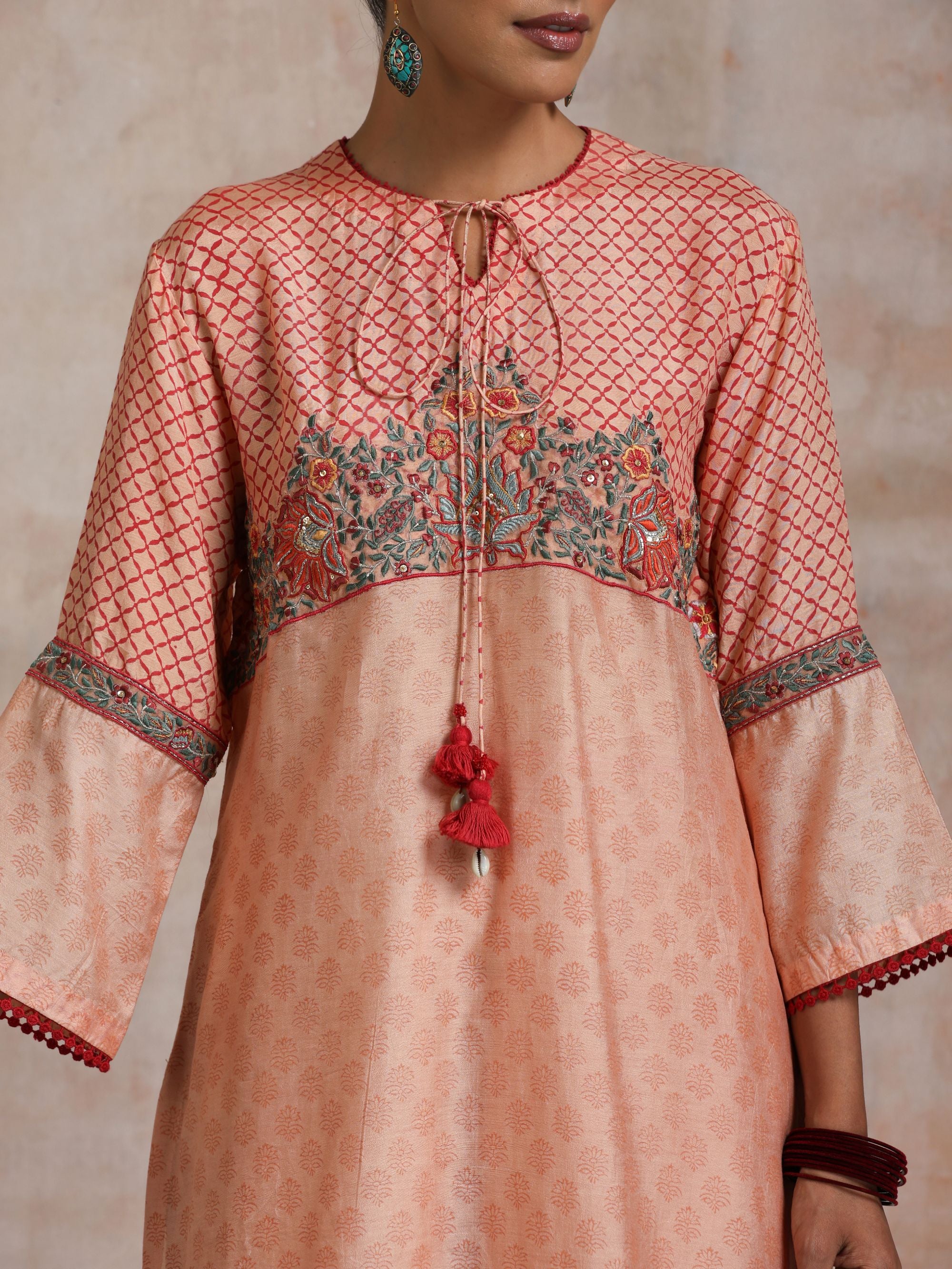 KESARI CHANDERI KURTA WITH CONTRAST BLOCK PRINT EMBROIDERED YOKE