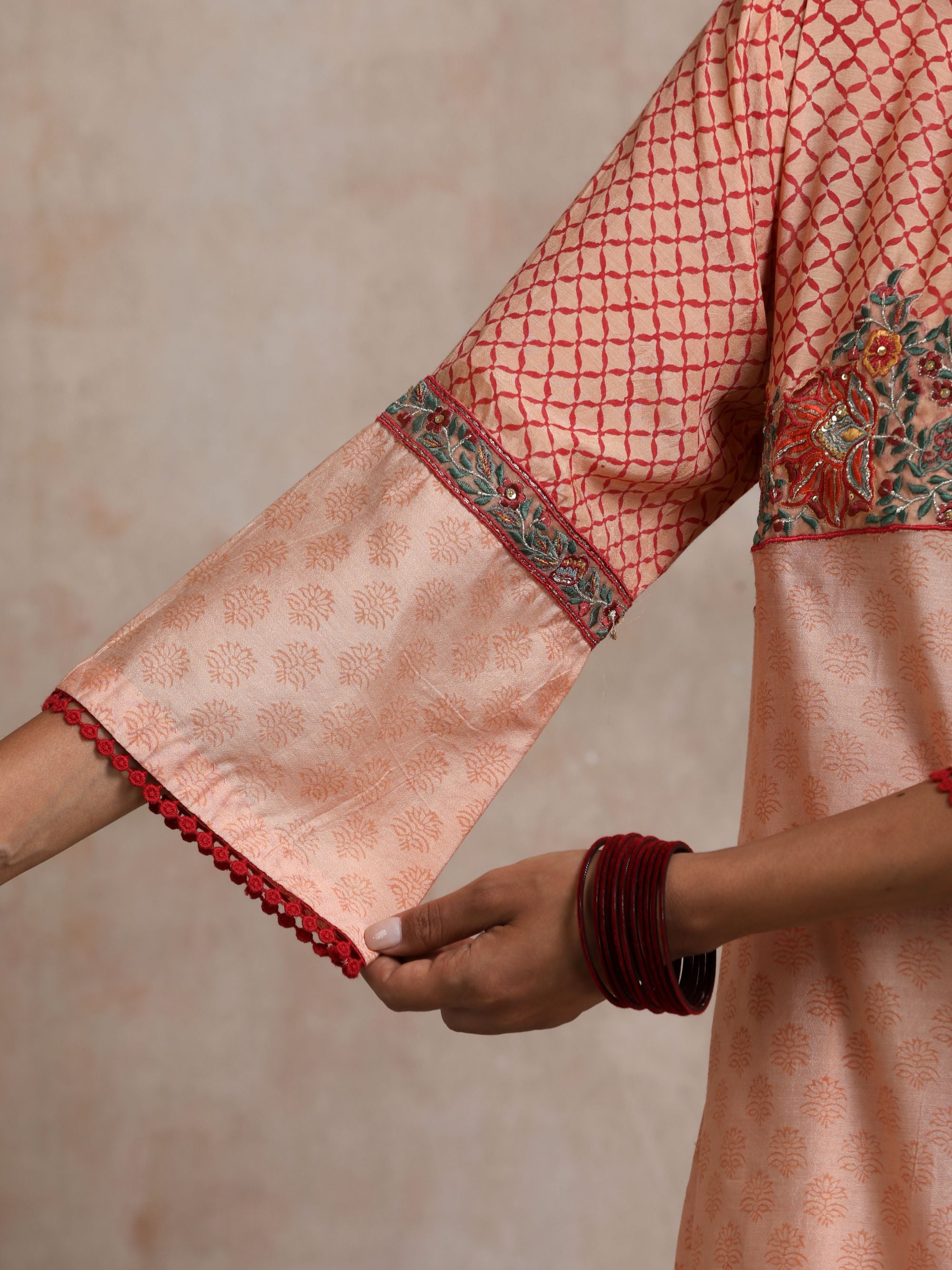 KESARI CHANDERI KURTA WITH CONTRAST BLOCK PRINT EMBROIDERED YOKE