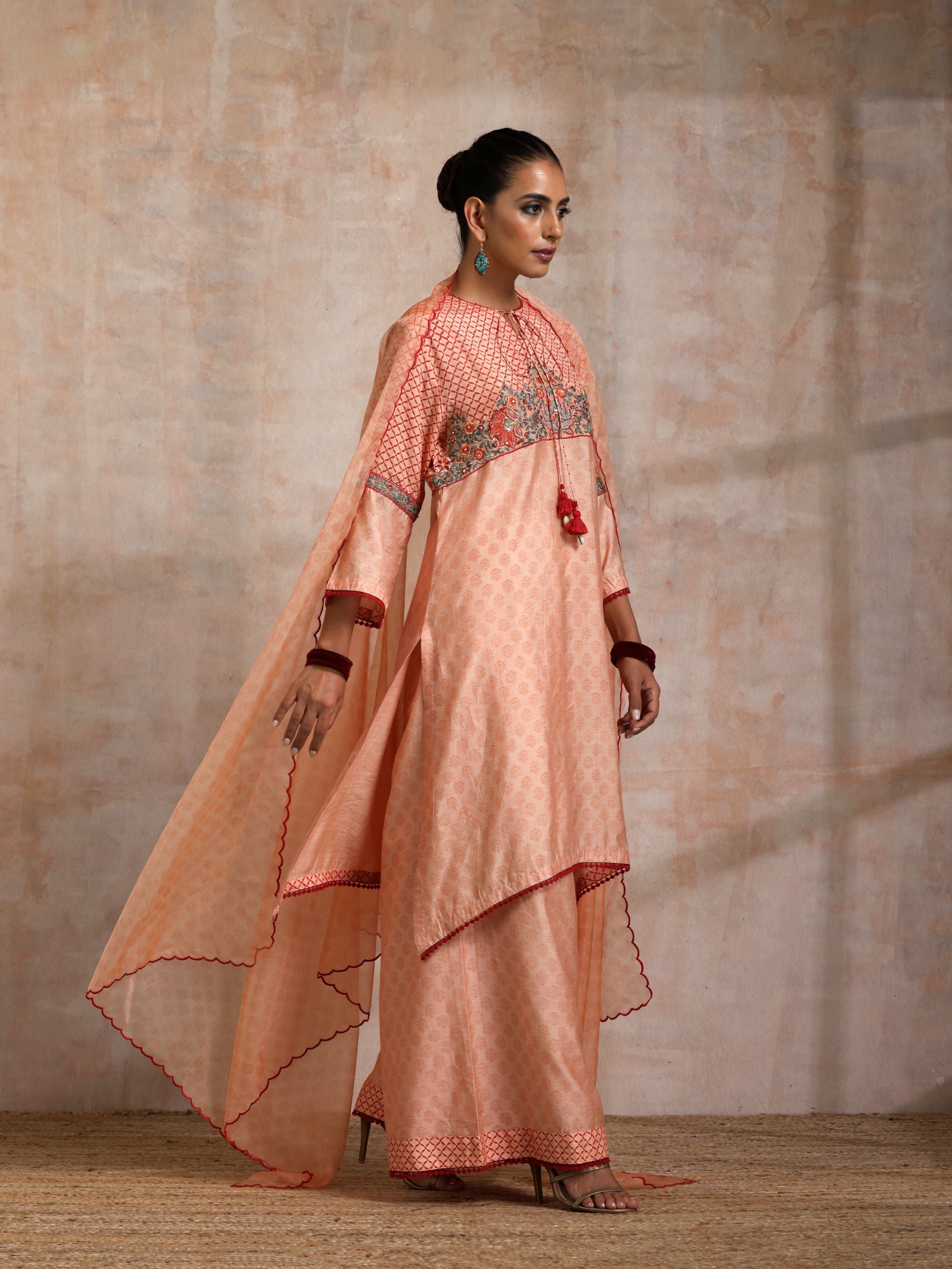 KESARI CHANDERI KURTA WITH CONTRAST BLOCK PRINT EMBROIDERED YOKE