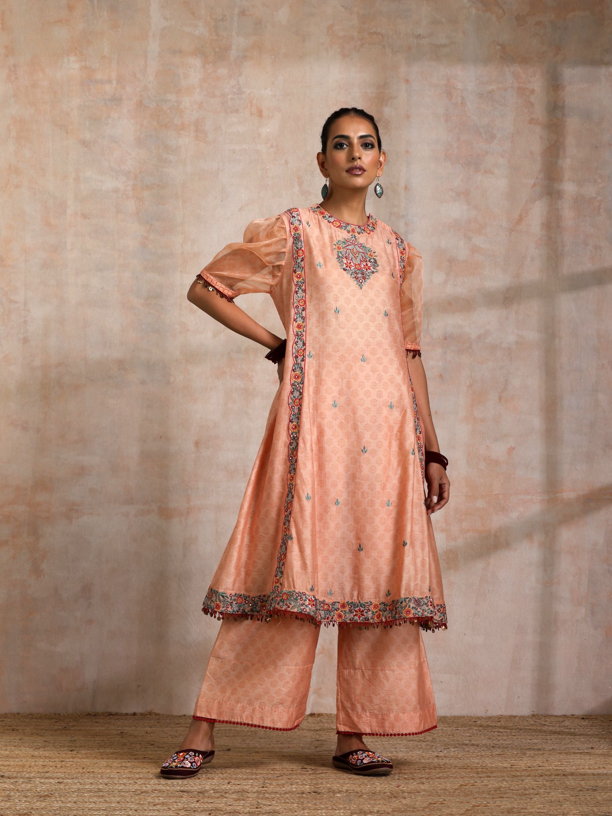 KESARI CHANDERI KURTA WITH EMBROIDERED FRONT AND PUFFED ORGANZA SLEEVES