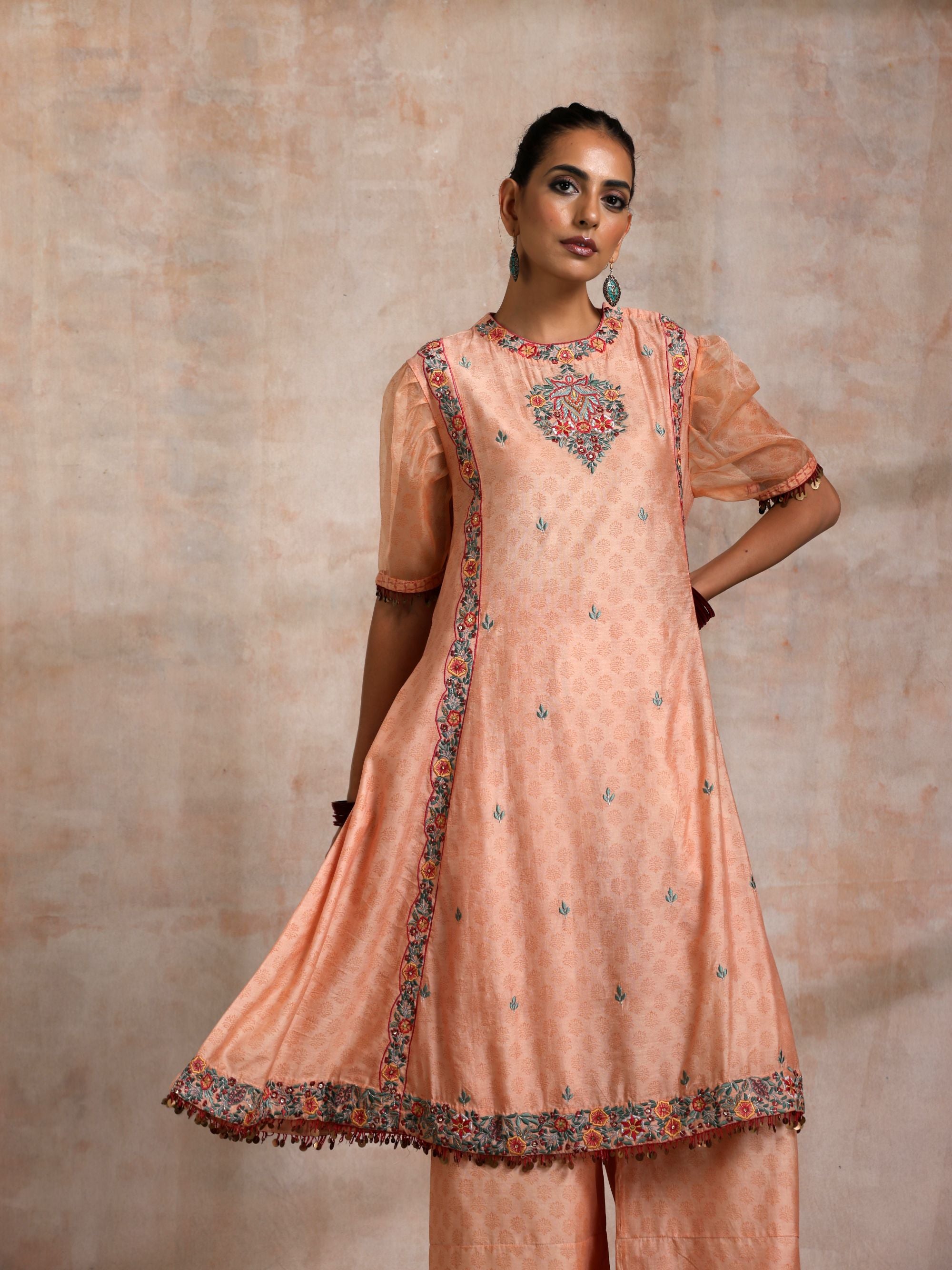 KESARI CHANDERI KURTA WITH EMBROIDERED FRONT AND PUFFED ORGANZA SLEEVES