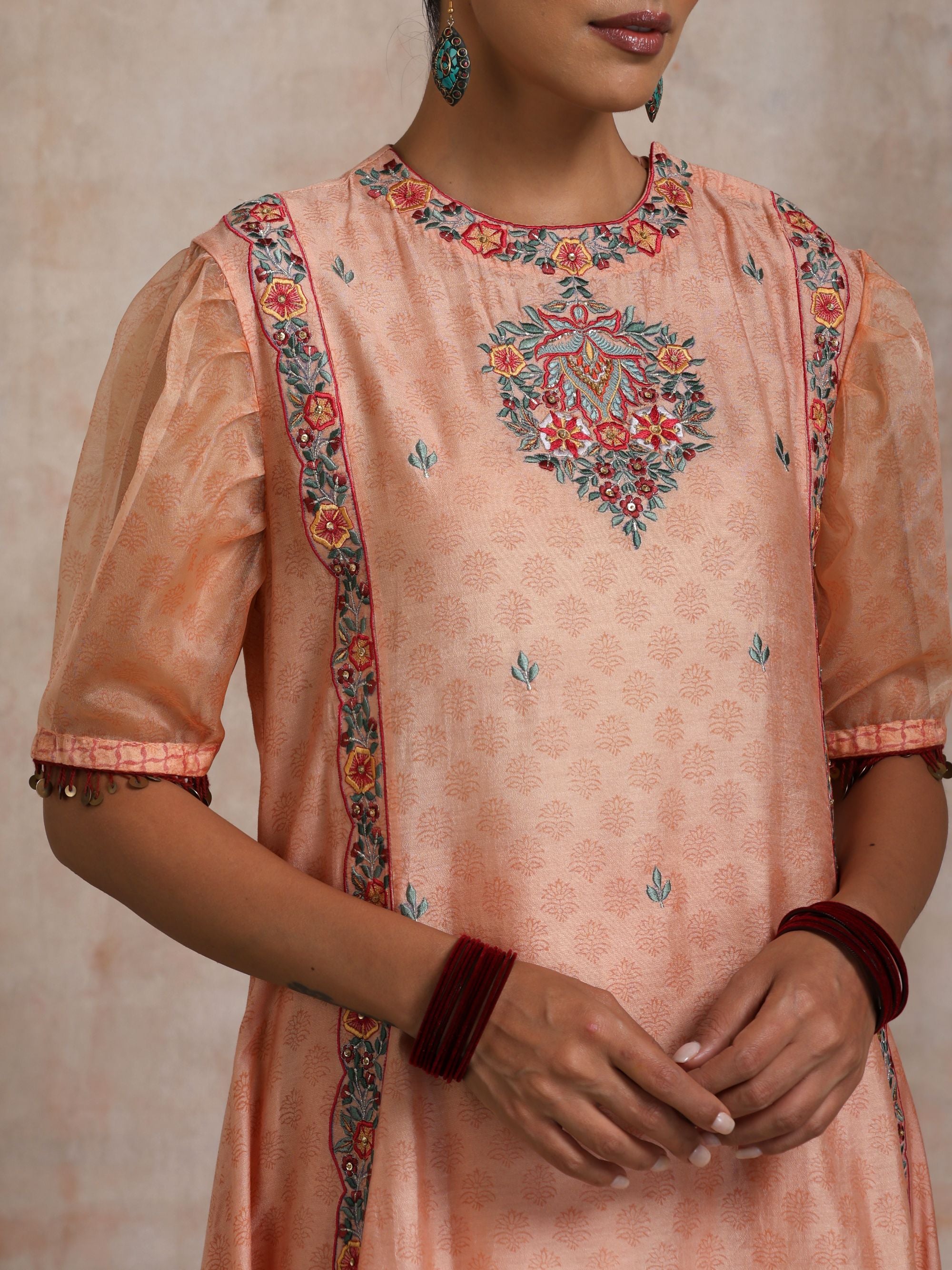 KESARI CHANDERI KURTA WITH EMBROIDERED FRONT AND PUFFED ORGANZA SLEEVES