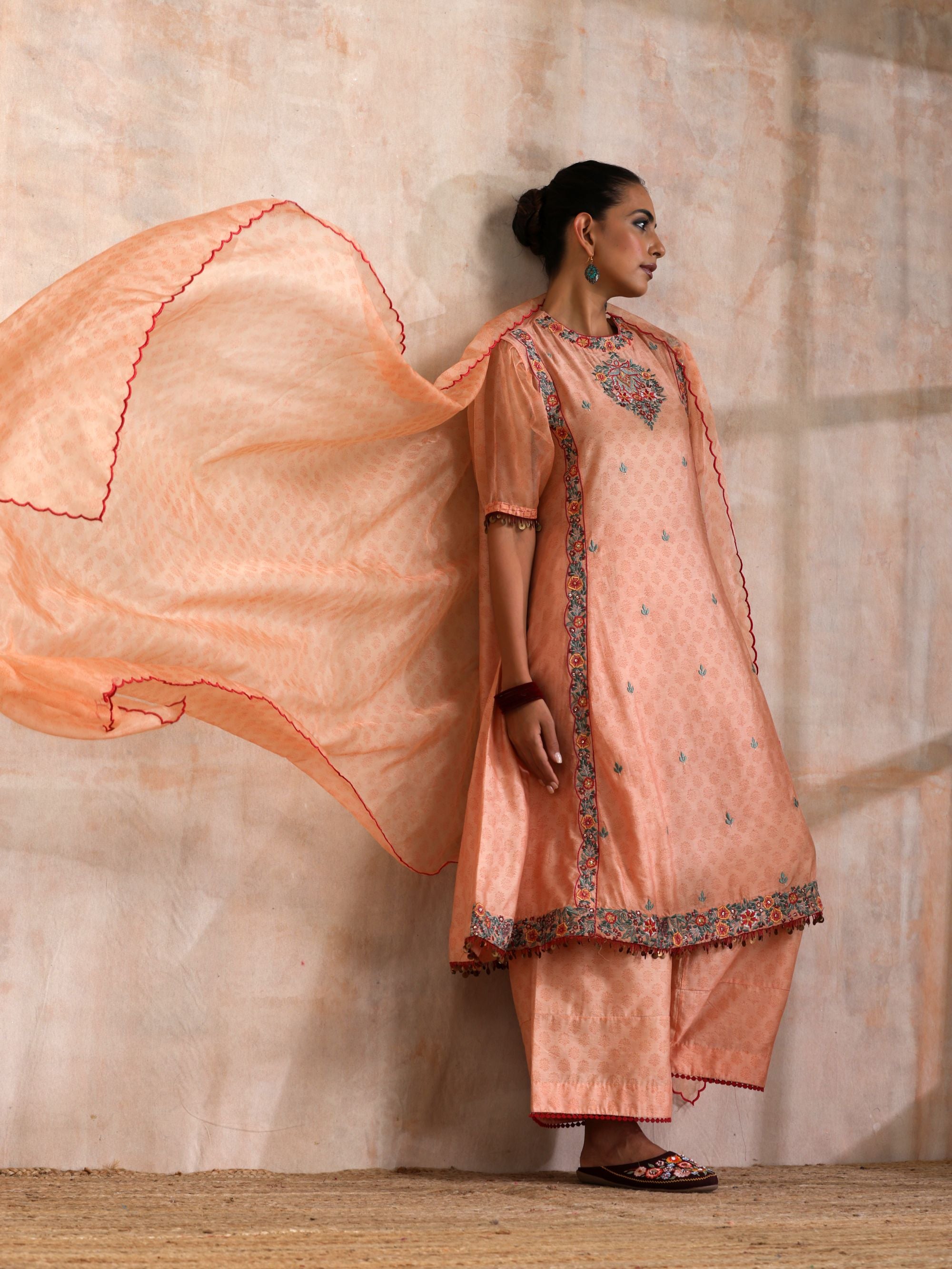 KESARI CHANDERI KURTA WITH EMBROIDERED FRONT AND PUFFED ORGANZA SLEEVES