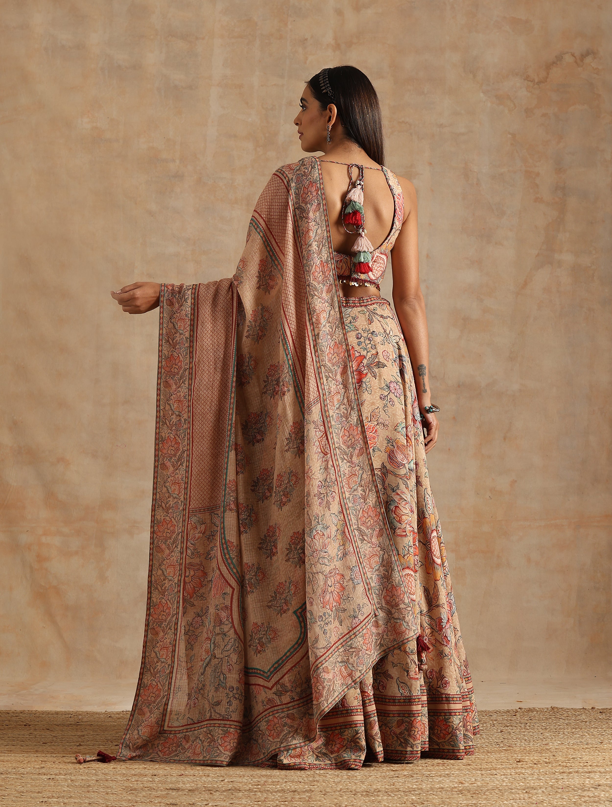 BADAMI JAAL PRINT LEHANGA WITH SLEEVELESS BLOUSE AND PLACEMENT PRINT DUPATTA