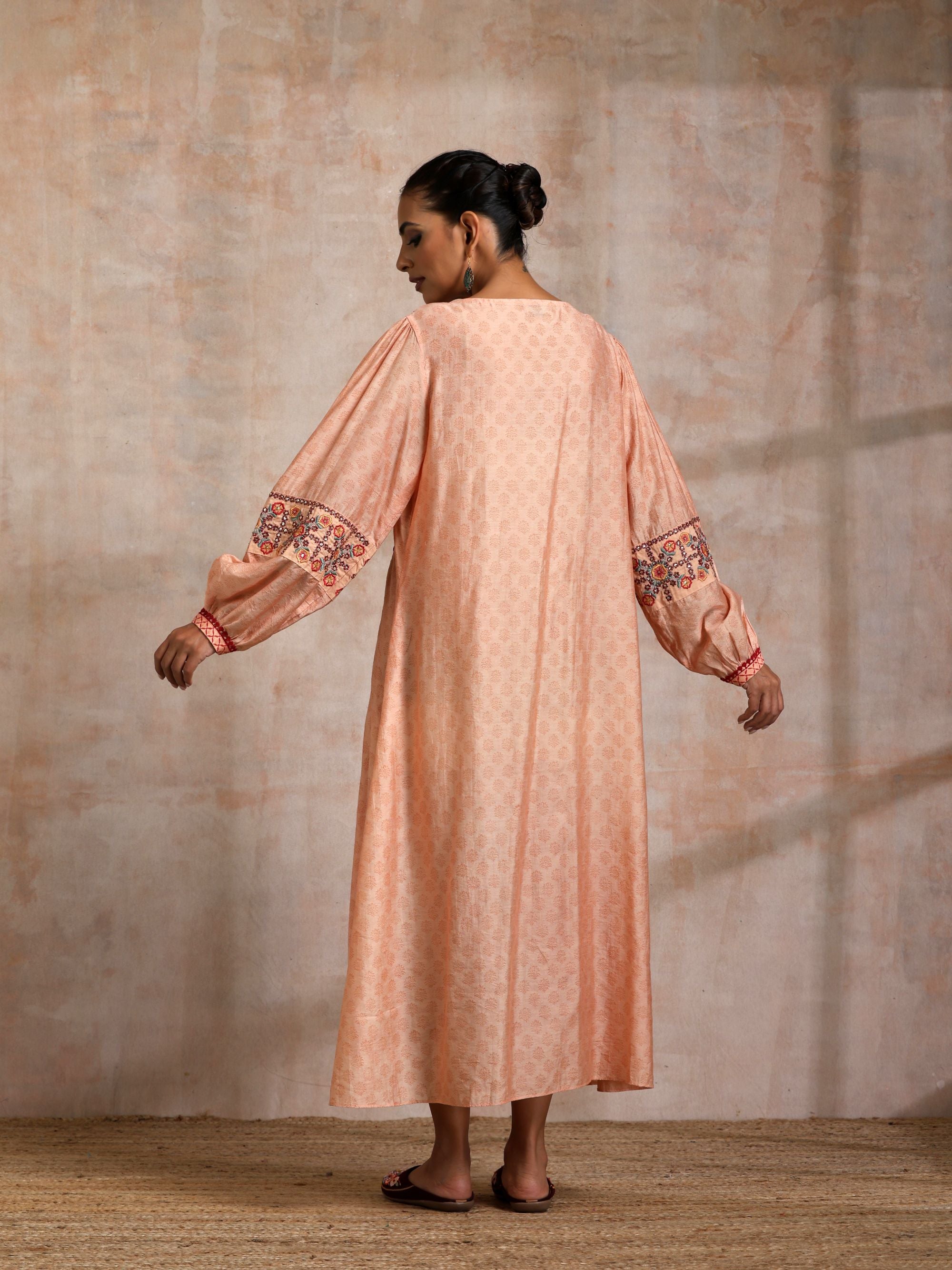 KESARI CHANDERI CHOGA WITH EMBROIDERED YOKE AND BALLOON SLEEVES