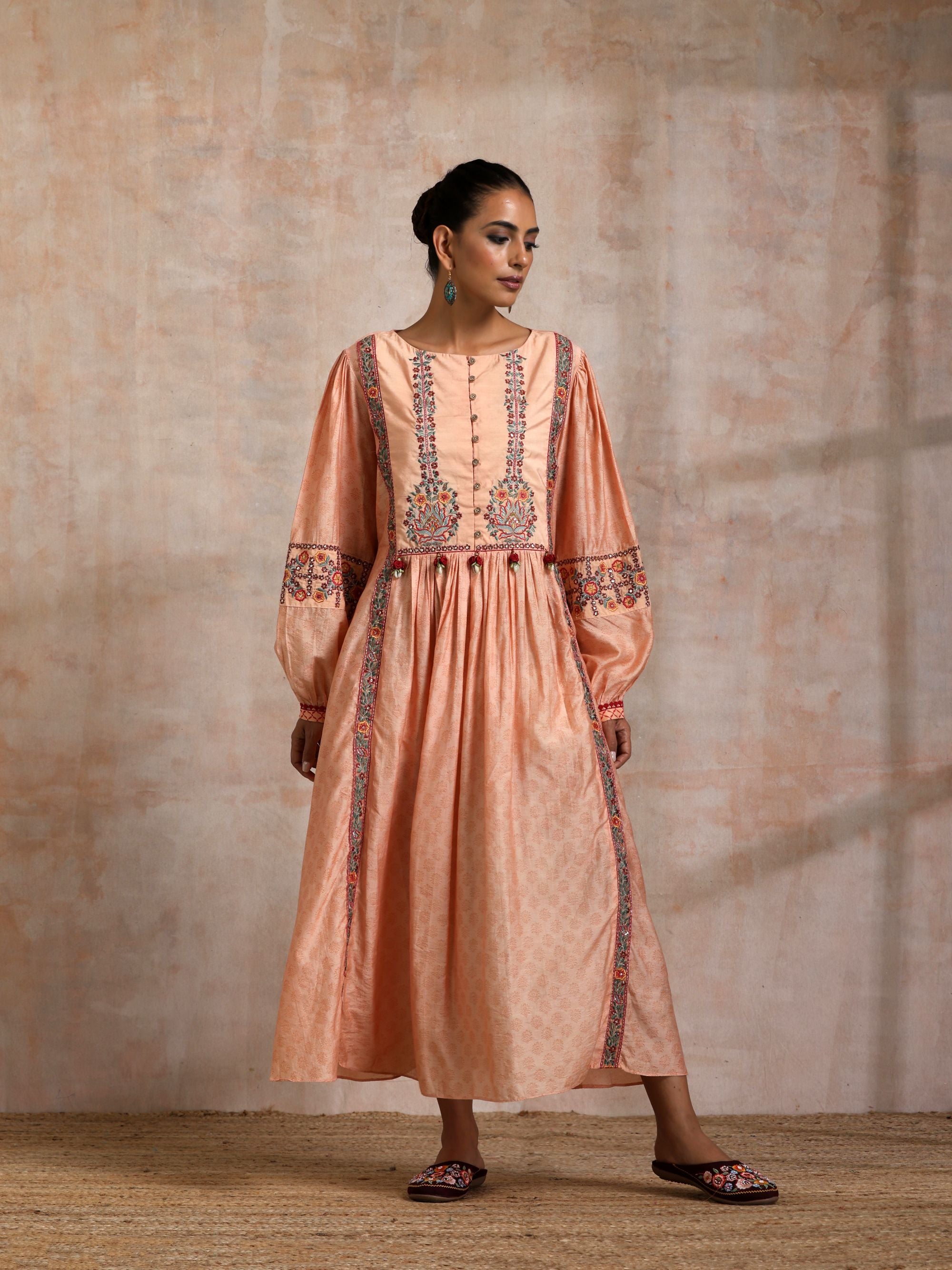 KESARI CHANDERI CHOGA WITH EMBROIDERED YOKE AND BALLOON SLEEVES