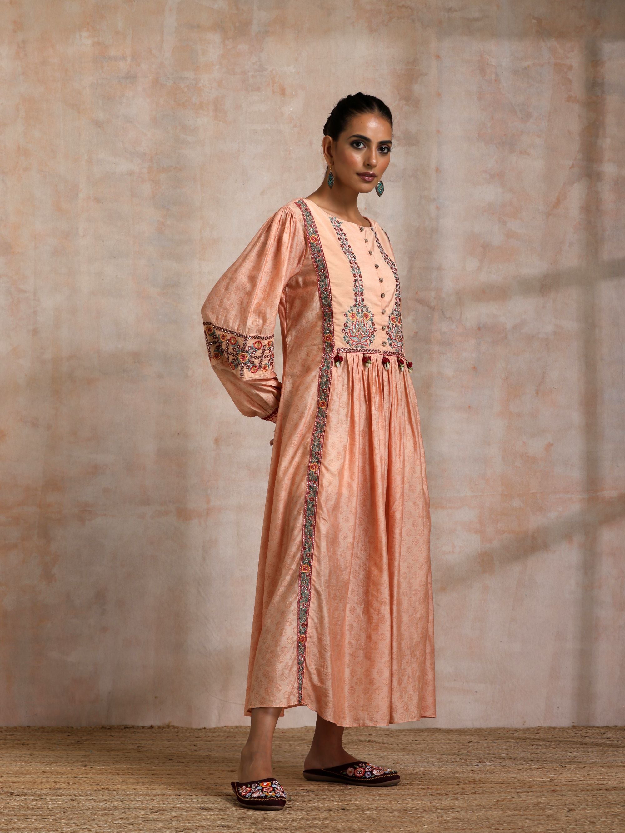 KESARI CHANDERI CHOGA WITH EMBROIDERED YOKE AND BALLOON SLEEVES