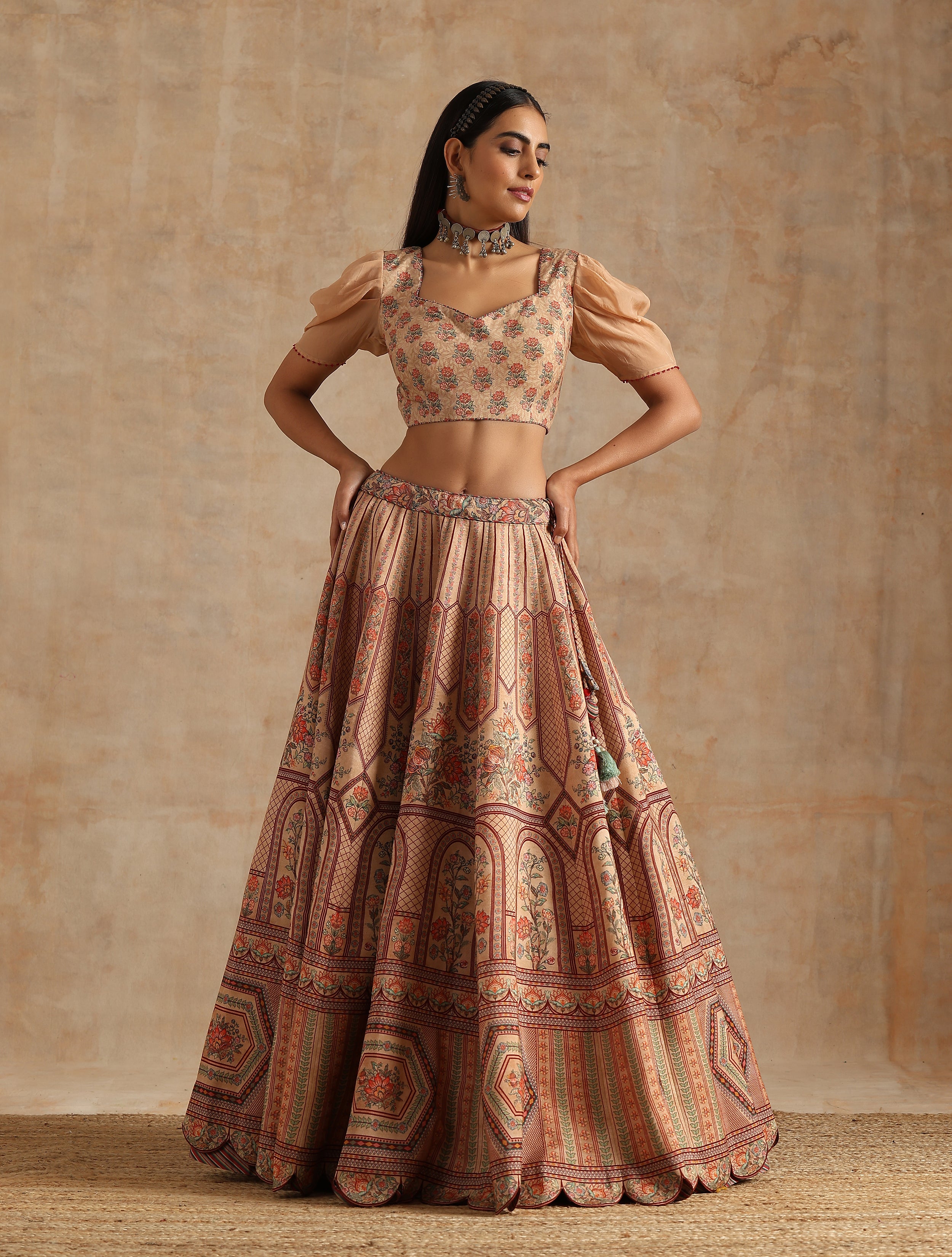 BADAMI PLACEMENT PRINT KALI LEHENGA WITH BLOUSE AND DUPATTA