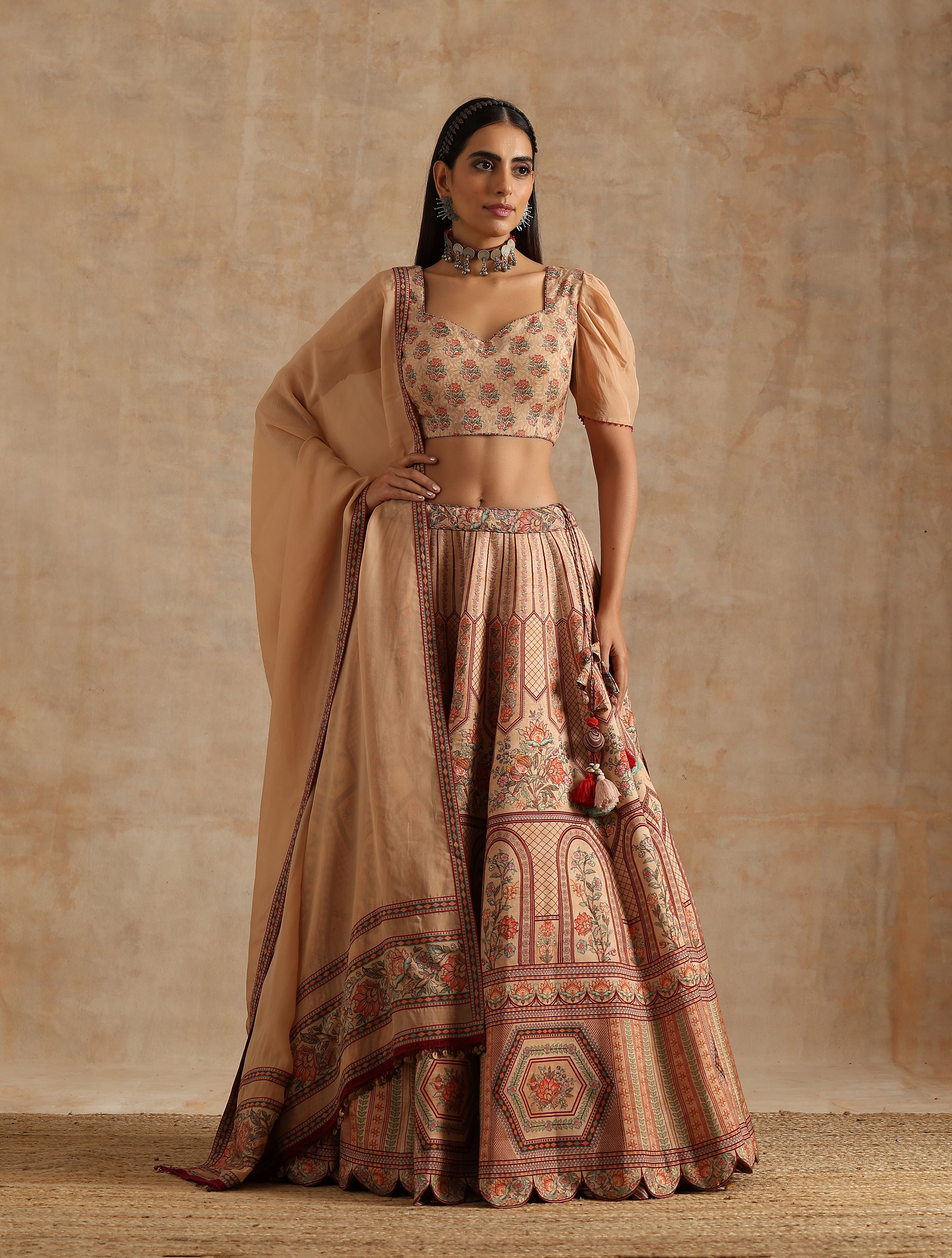 BADAMI PLACEMENT PRINT KALI LEHENGA WITH BLOUSE AND DUPATTA