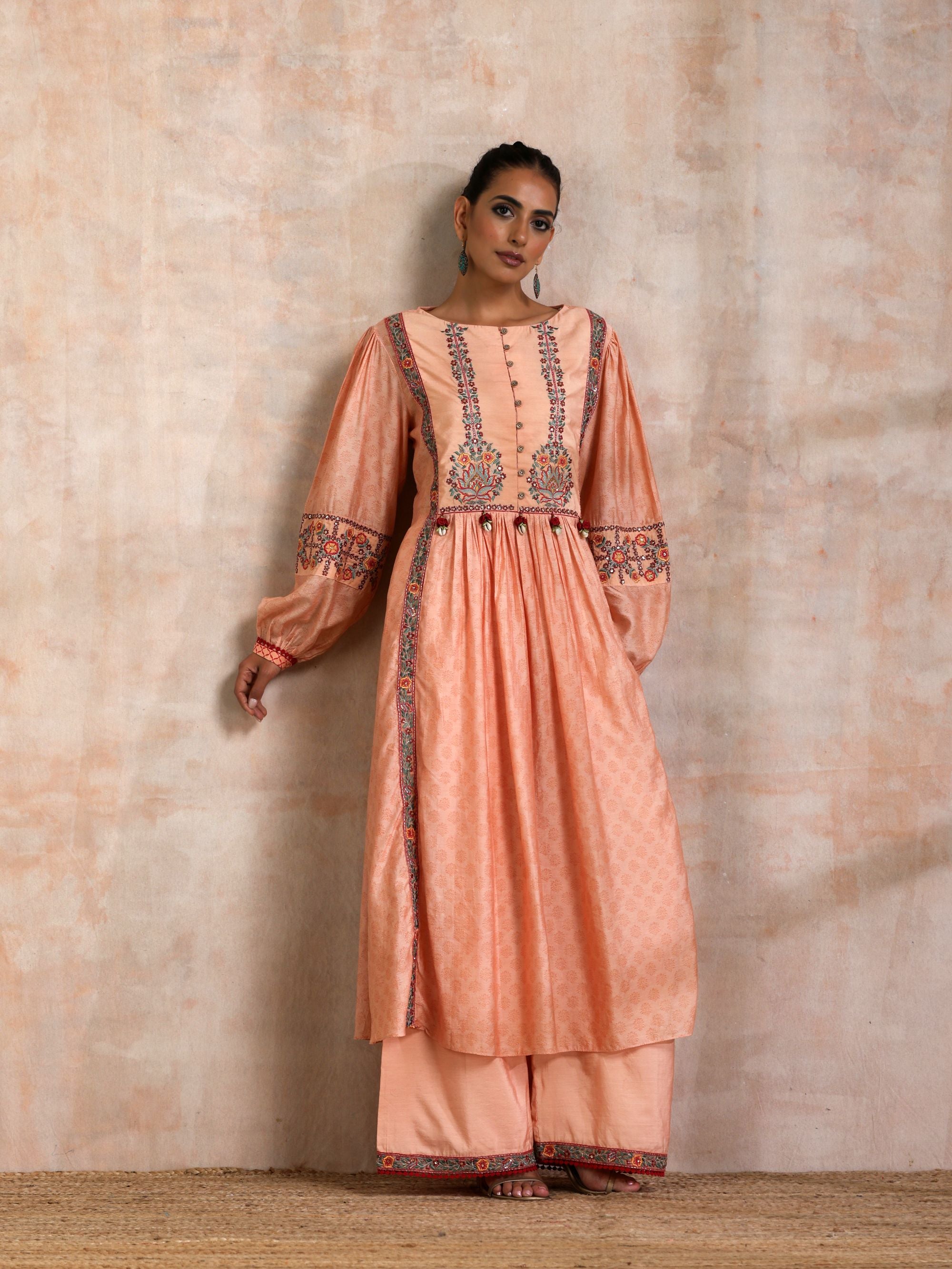 KESARI CHANDERI CHOGA WITH EMBROIDERED YOKE AND BALLOON SLEEVES