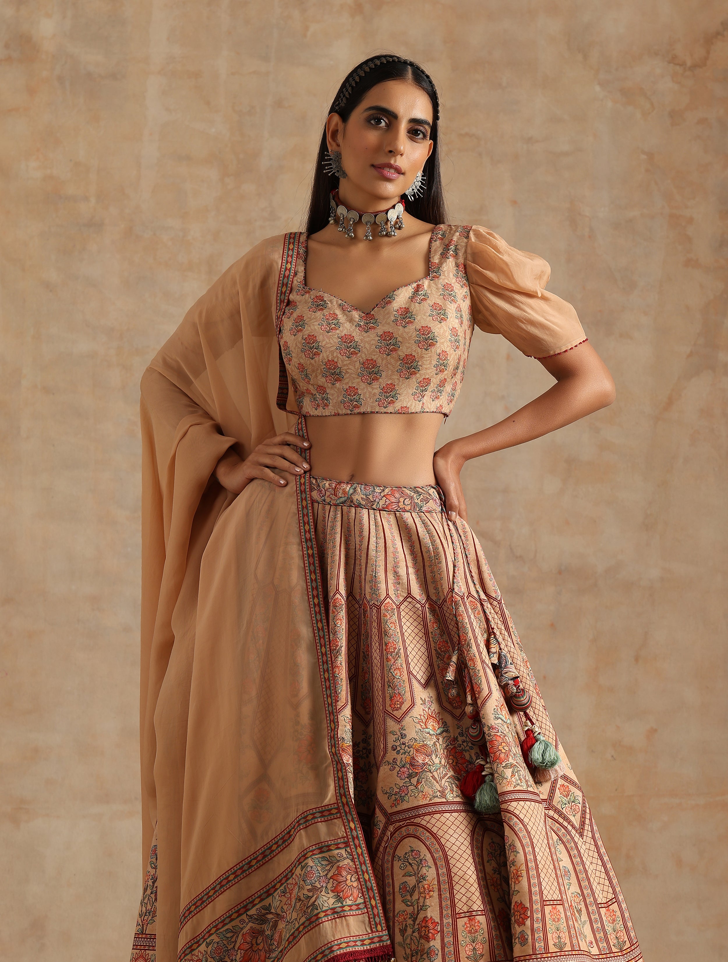 BADAMI PLACEMENT PRINT KALI LEHENGA WITH BLOUSE AND DUPATTA