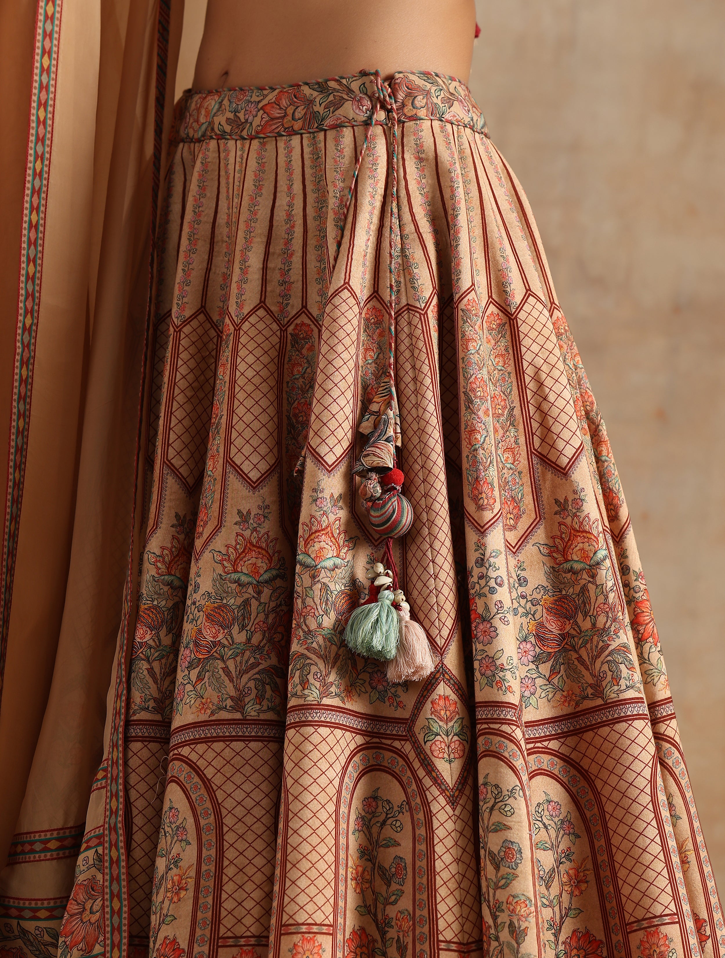 BADAMI PLACEMENT PRINT KALI LEHENGA WITH BLOUSE AND DUPATTA