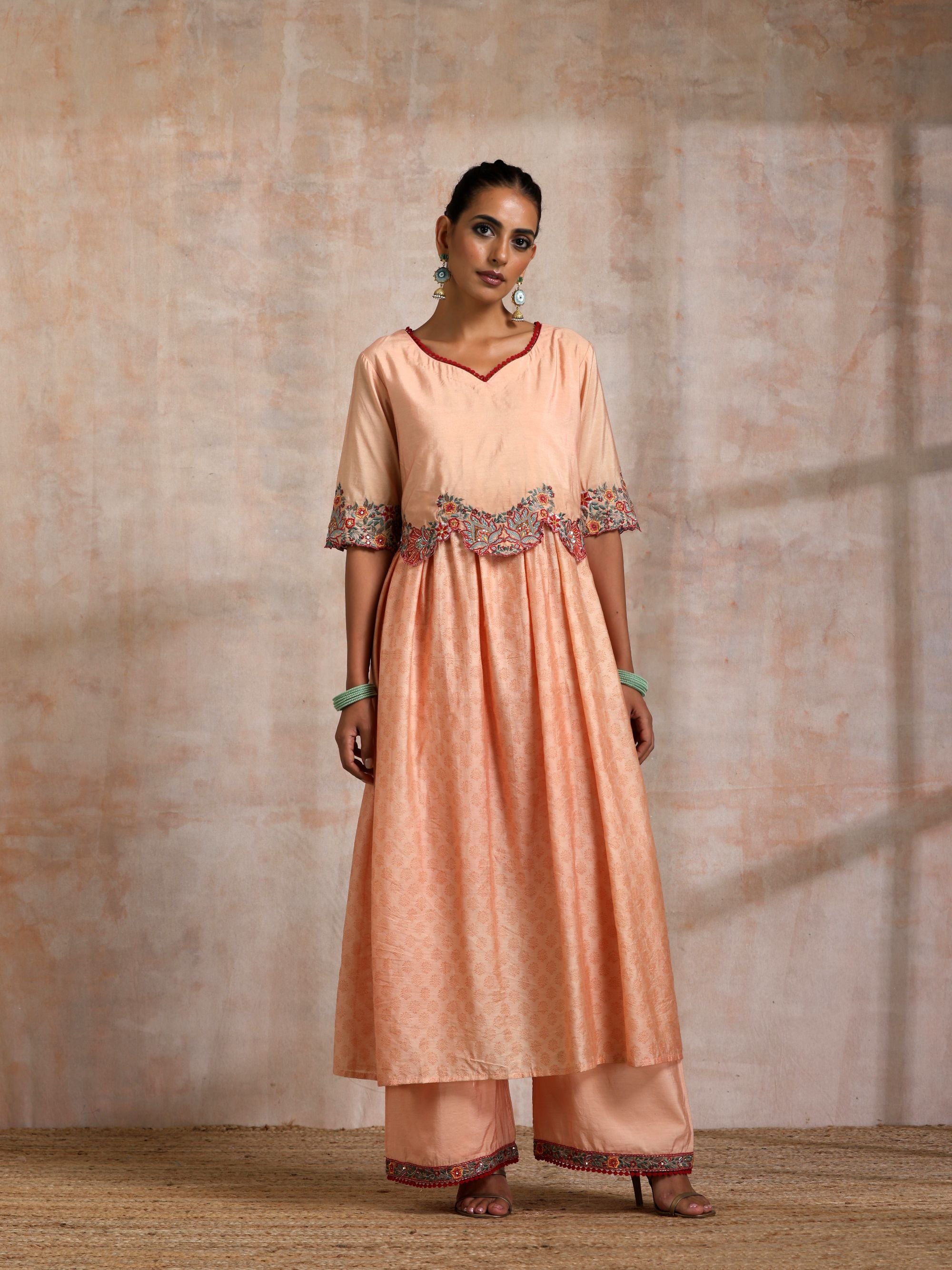 KESARI CHANDERI KURTA WITH SCALLOP EMBROIDERED YOKE