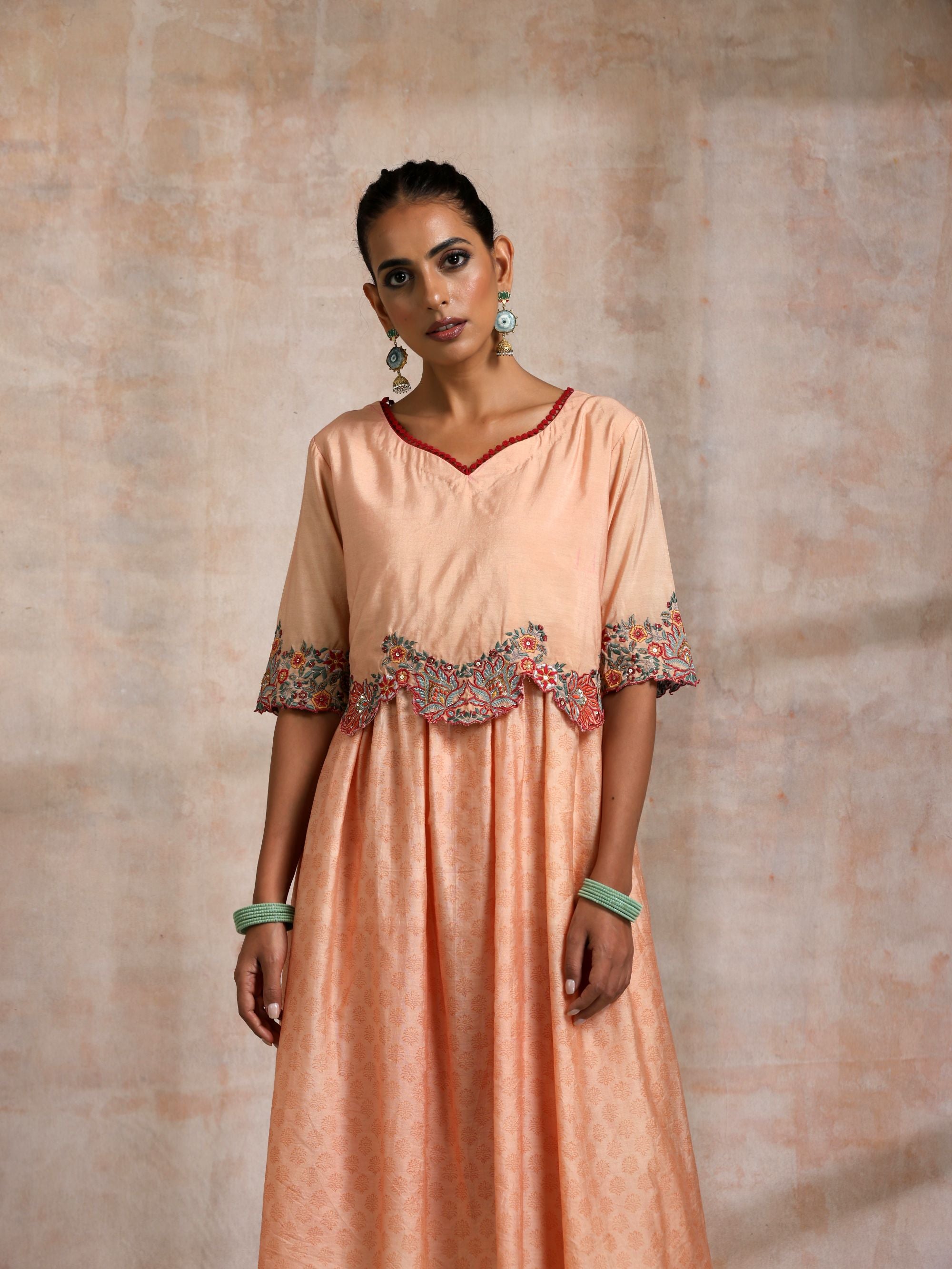 KESARI CHANDERI KURTA WITH SCALLOP EMBROIDERED YOKE