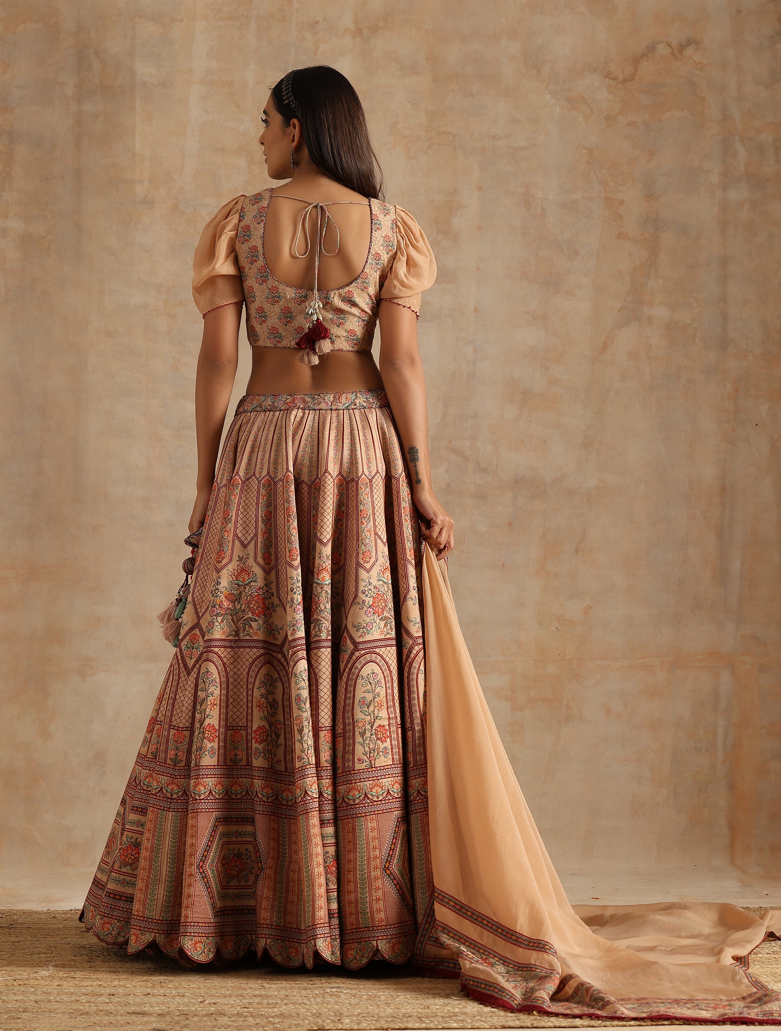 BADAMI PLACEMENT PRINT KALI LEHENGA WITH BLOUSE AND DUPATTA