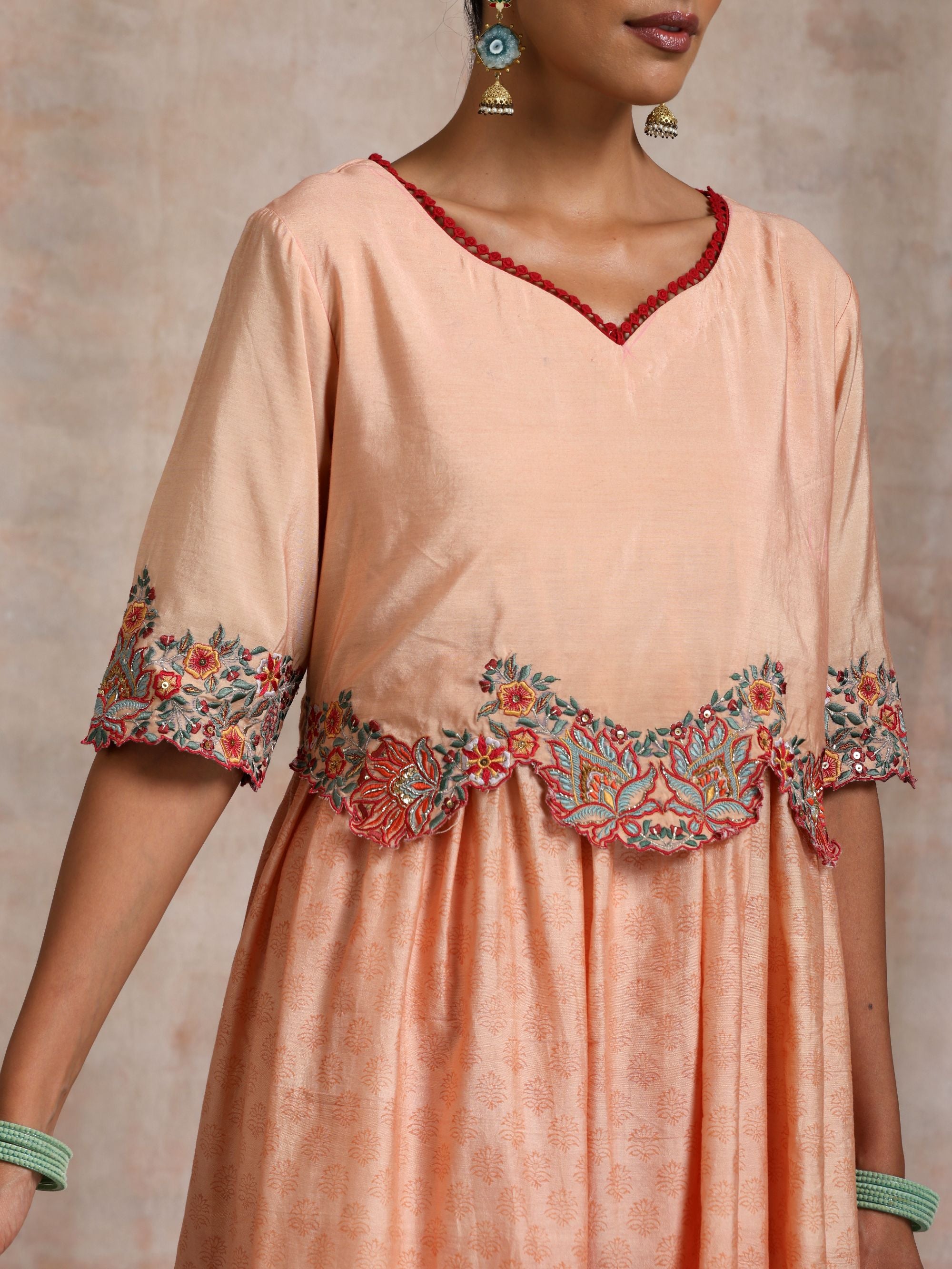 KESARI CHANDERI KURTA WITH SCALLOP EMBROIDERED YOKE