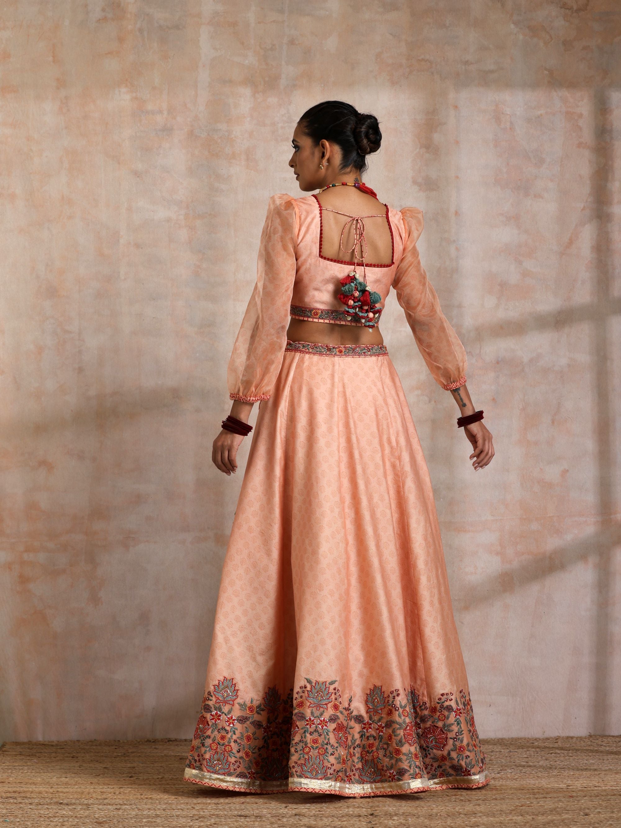 KESARI CHANDERI EMBROIDERED LEHANGA WITH ORGANZA PUFF SLEEVES BLOUSE