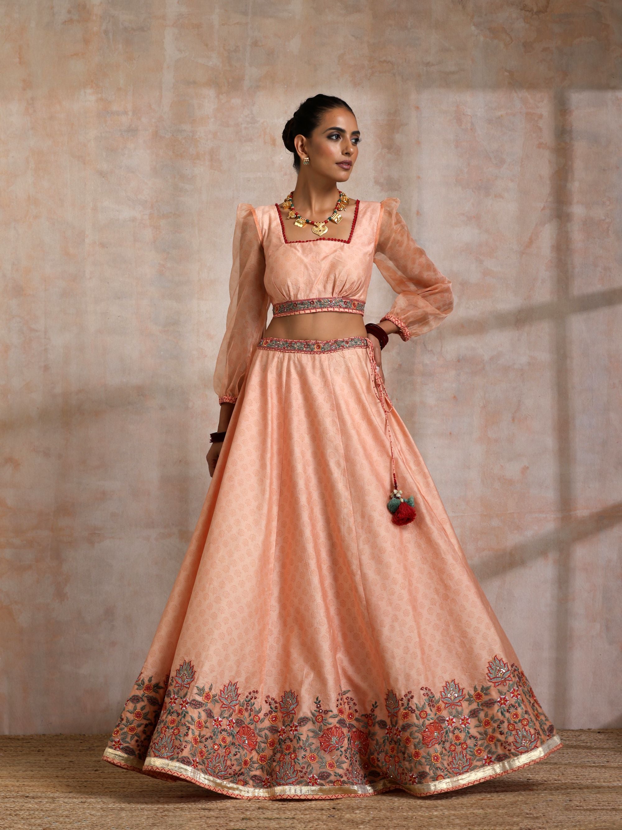 KESARI CHANDERI EMBROIDERED LEHANGA WITH ORGANZA PUFF SLEEVES BLOUSE