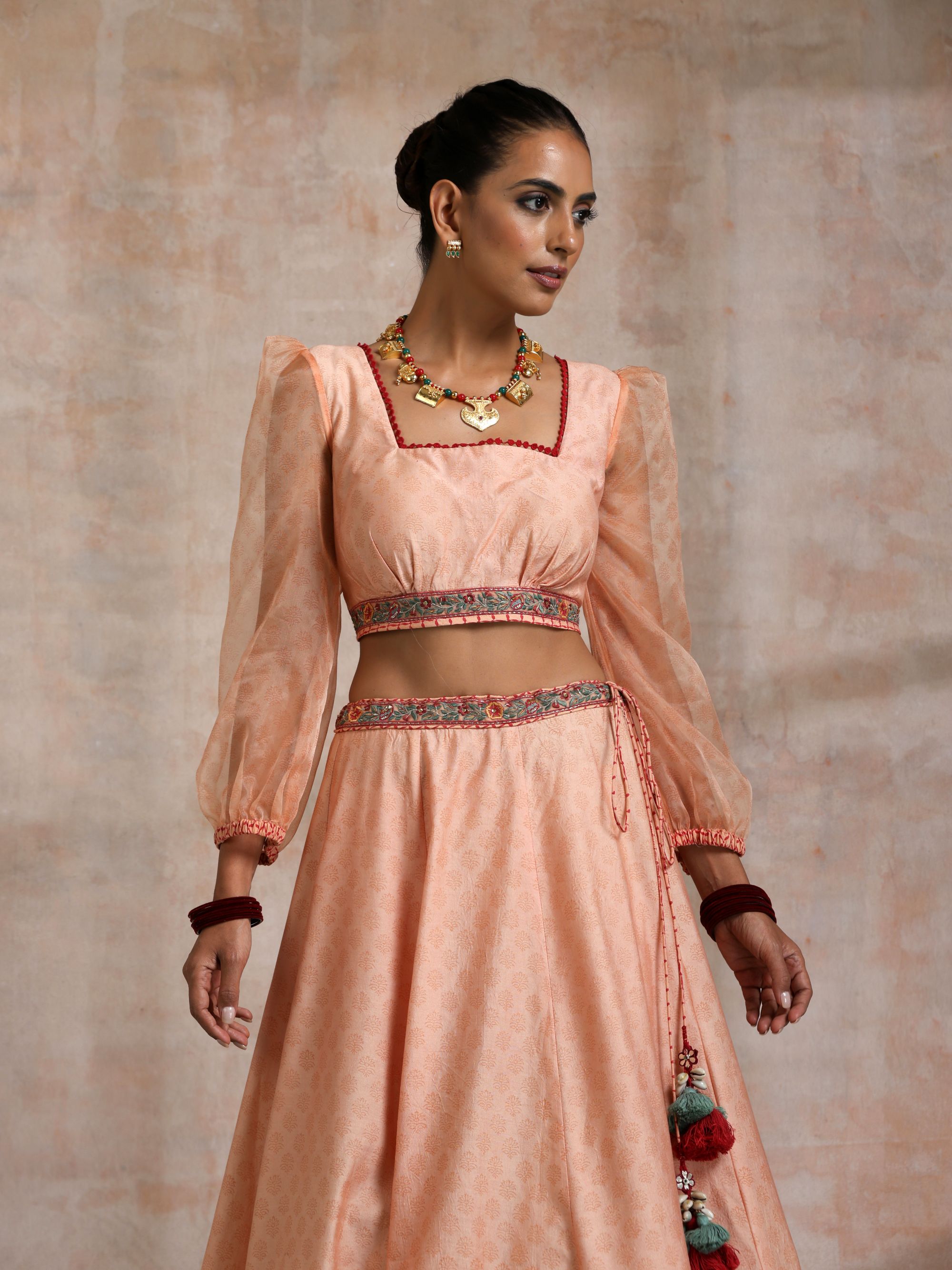 KESARI CHANDERI EMBROIDERED LEHANGA WITH ORGANZA PUFF SLEEVES BLOUSE