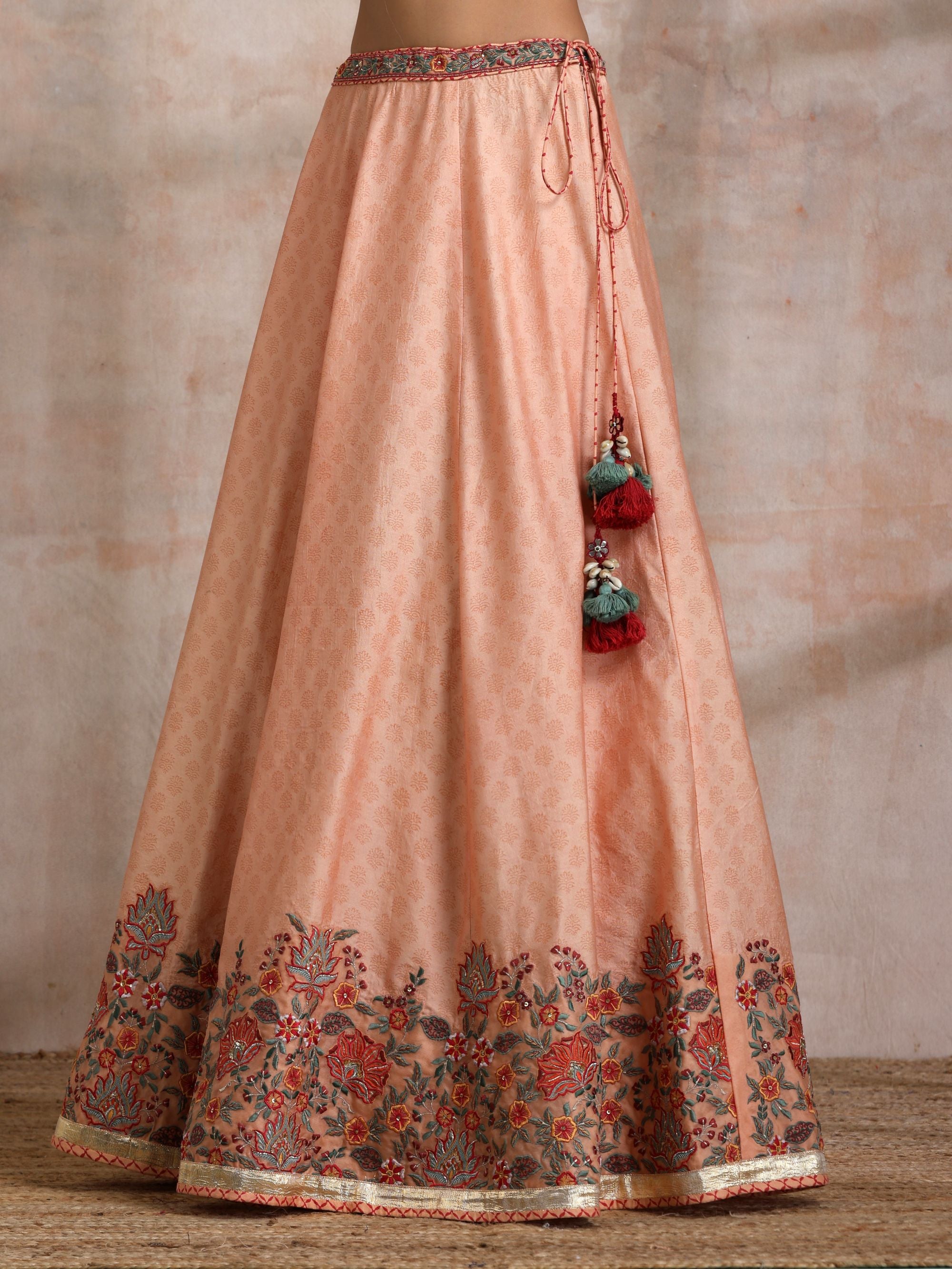 KESARI CHANDERI EMBROIDERED LEHANGA WITH ORGANZA PUFF SLEEVES BLOUSE