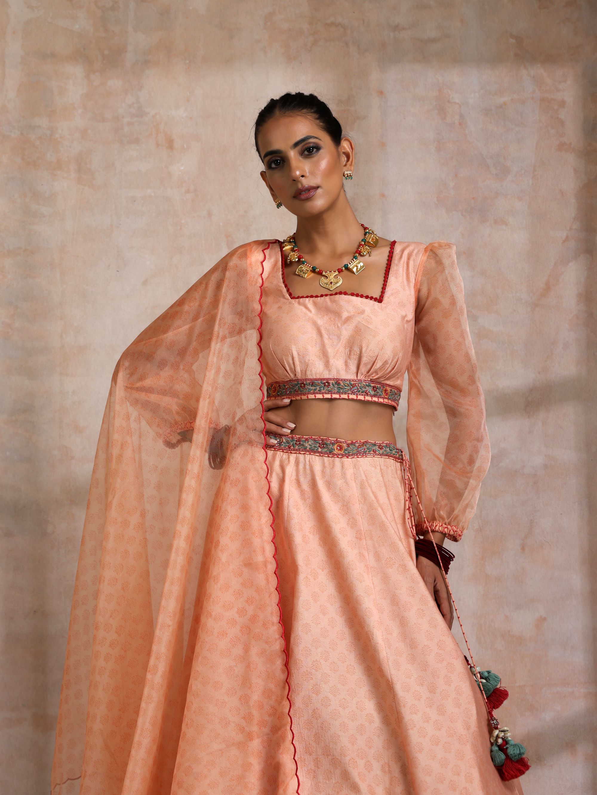 KESARI CHANDERI EMBROIDERED LEHANGA WITH ORGANZA PUFF SLEEVES BLOUSE